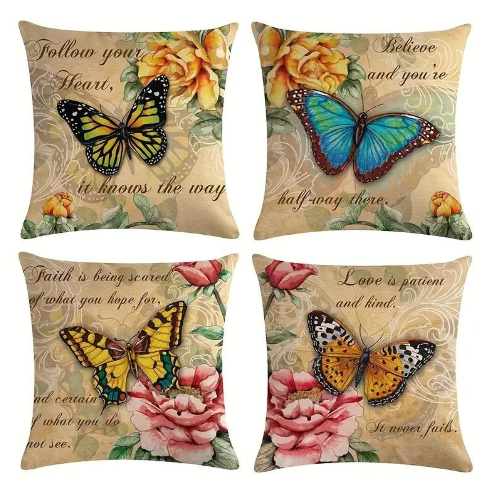 Hand Painted Butterfly & Lotus Design Cushion Cover Pack Of 2