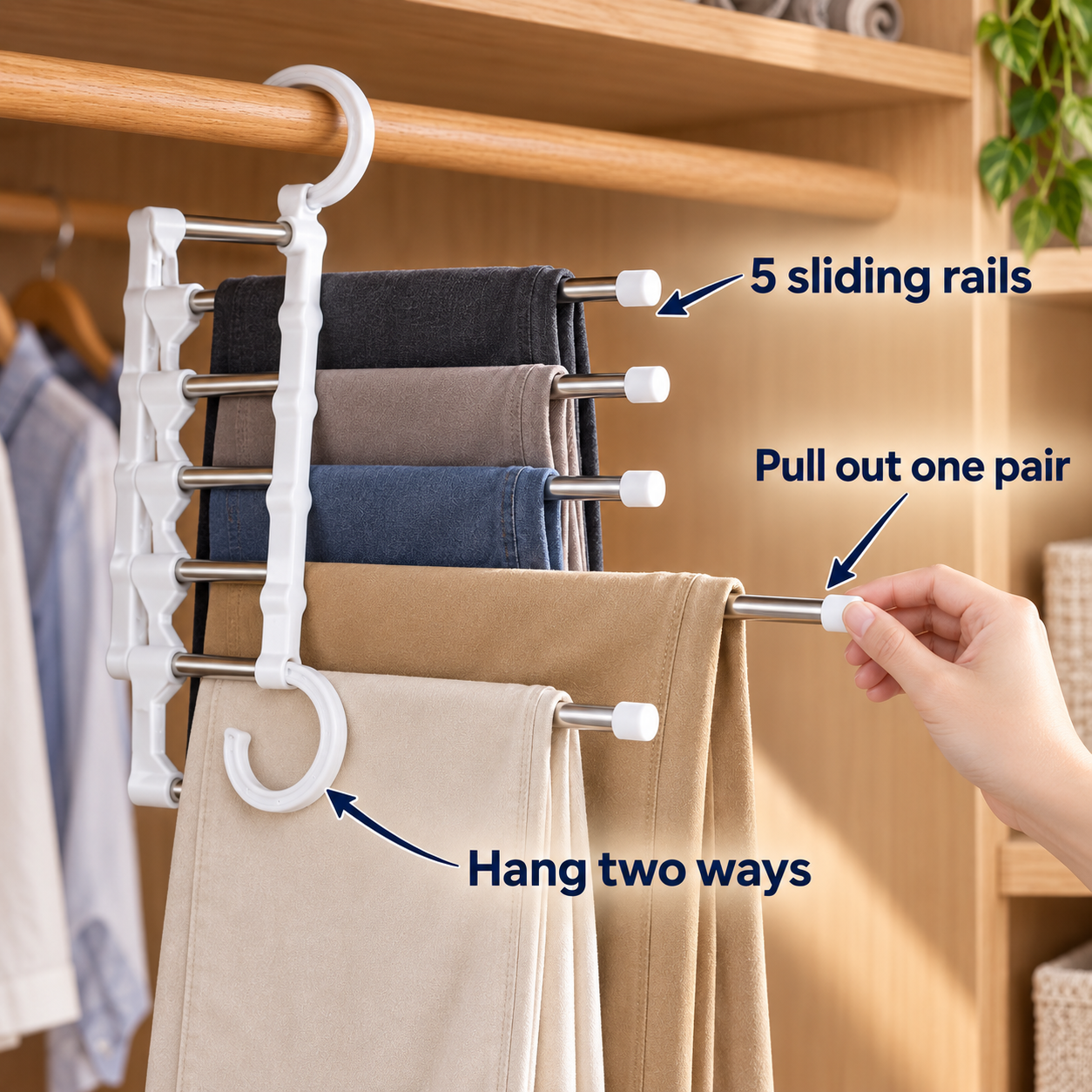 Multi-Functional Pants Rack in use in a closet, with five sliding rails, one pair pulled out, and two hanging hooks