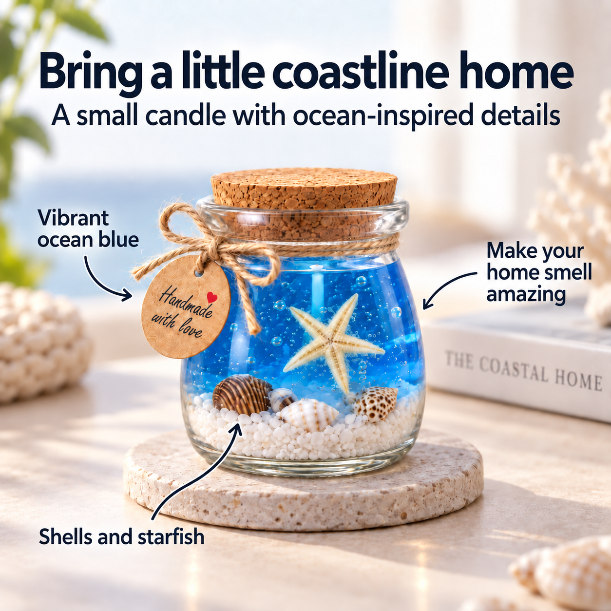 Ocean Serenity Candle in a vibrant blue jar with make your home smell amazing callout