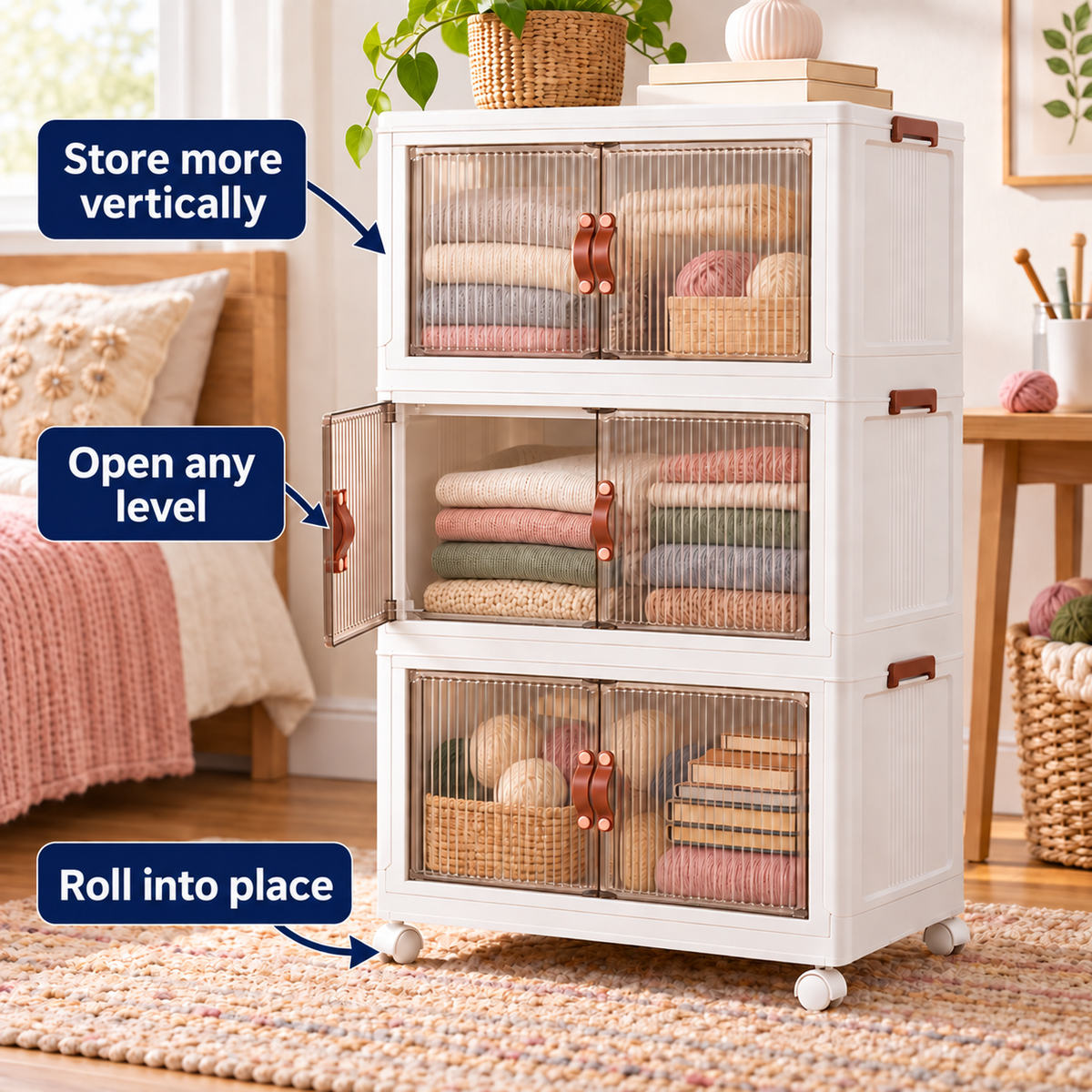 Three-layer Stackable Storage Bins in a room, showing vertical storage, access to any level, and wheels