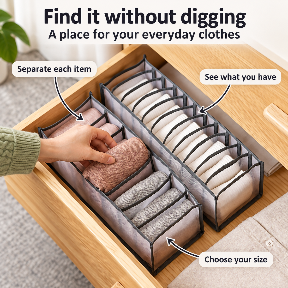 Drawer Clothes Organizers: folded clothes in separate mesh compartments