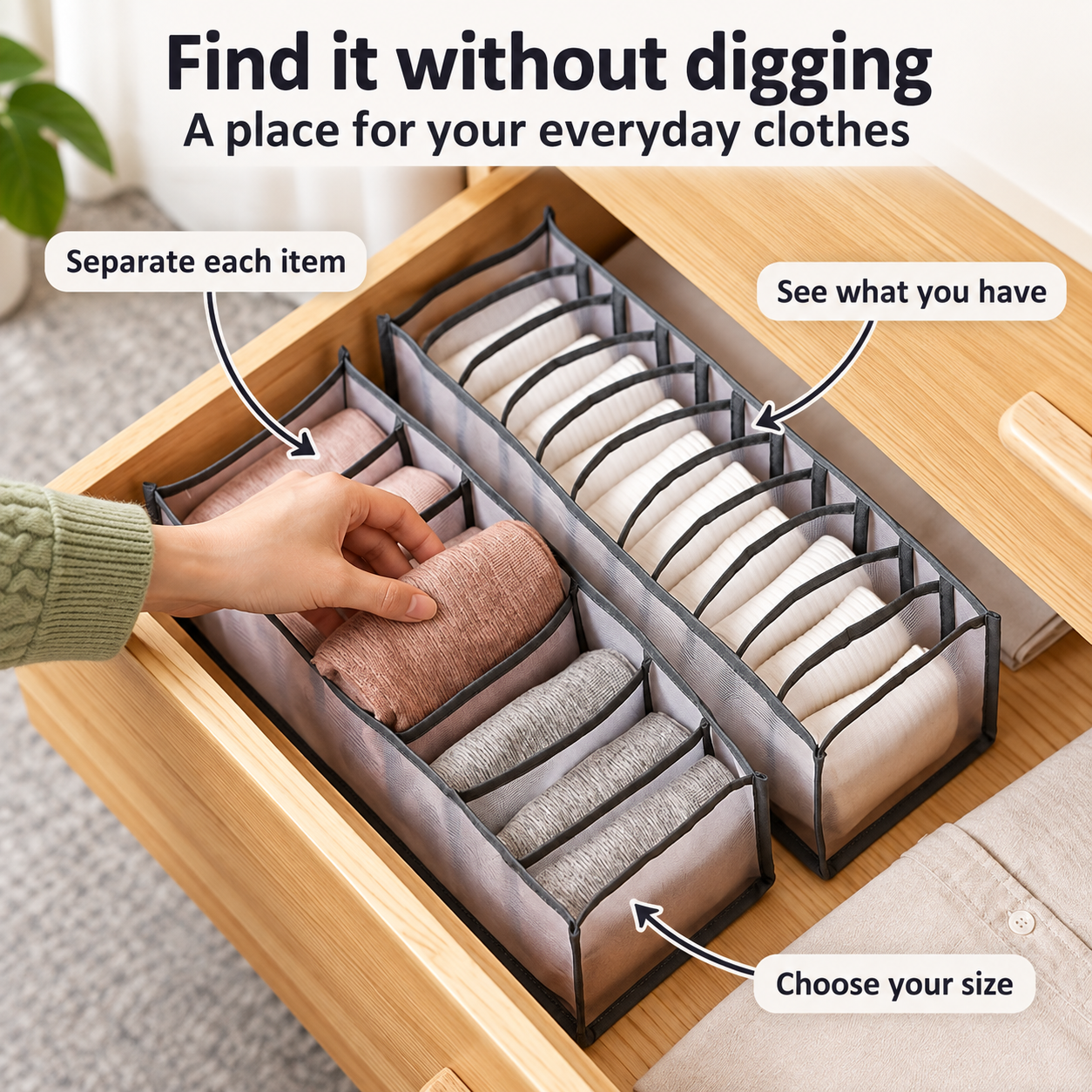 Drawer Clothes Organizers: folded clothes in separate mesh compartments