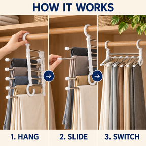 How the Multi-Functional Pants Rack works: hang it, slide out a pair, and switch hanging modes