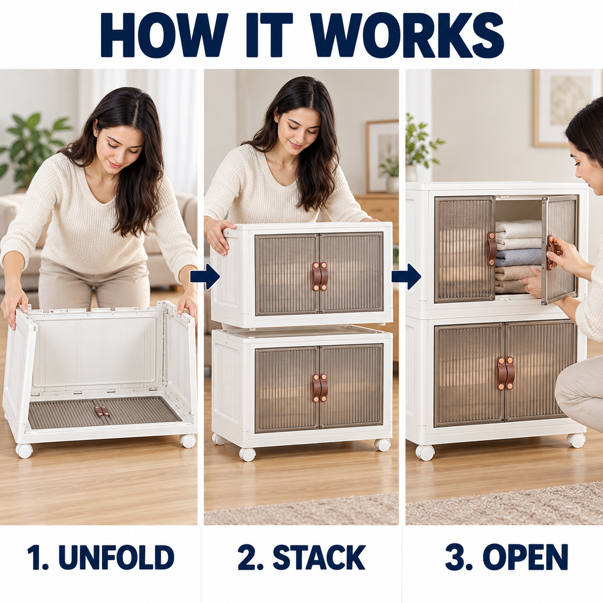 How Stackable Storage Bins work: unfold, stack, then open a front door