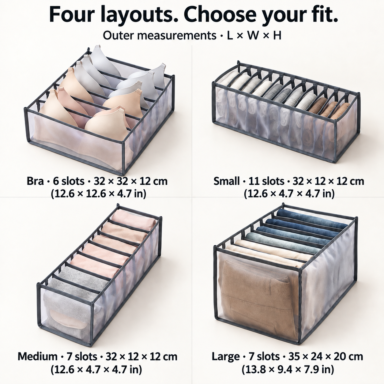 Drawer Clothes Organizers: four layouts and outer measurements in centimeters and inches