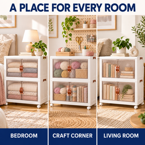 Stackable Storage Bins in a bedroom, craft corner, and living room
