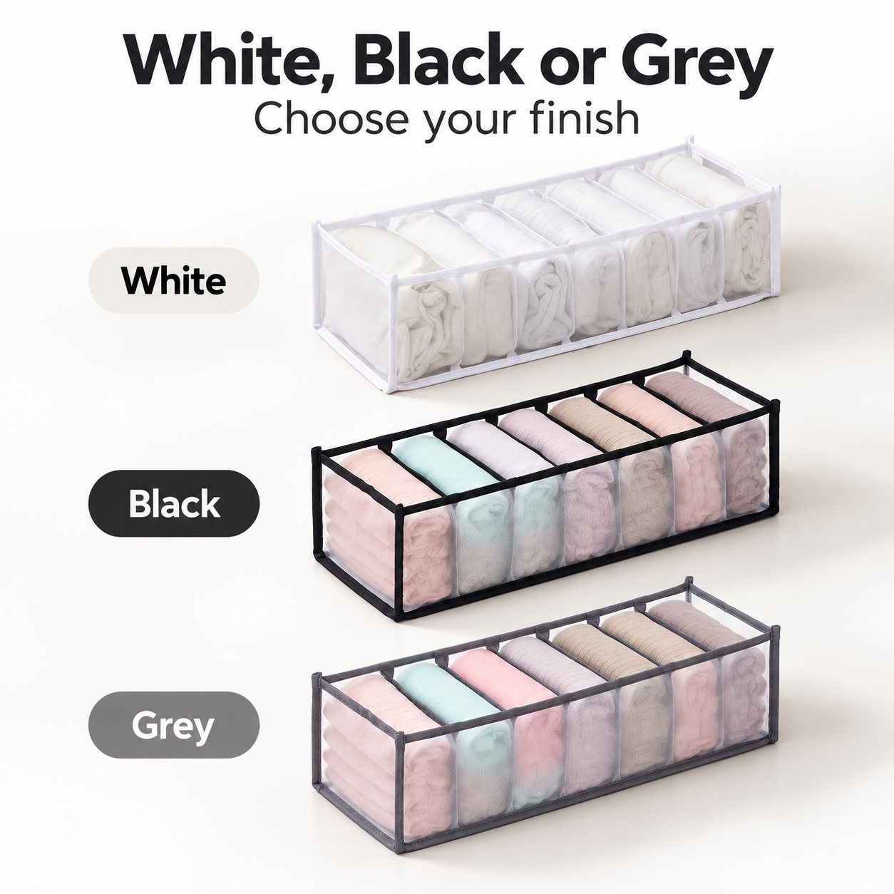 Drawer Clothes Organizers: White, Black, and Grey color options