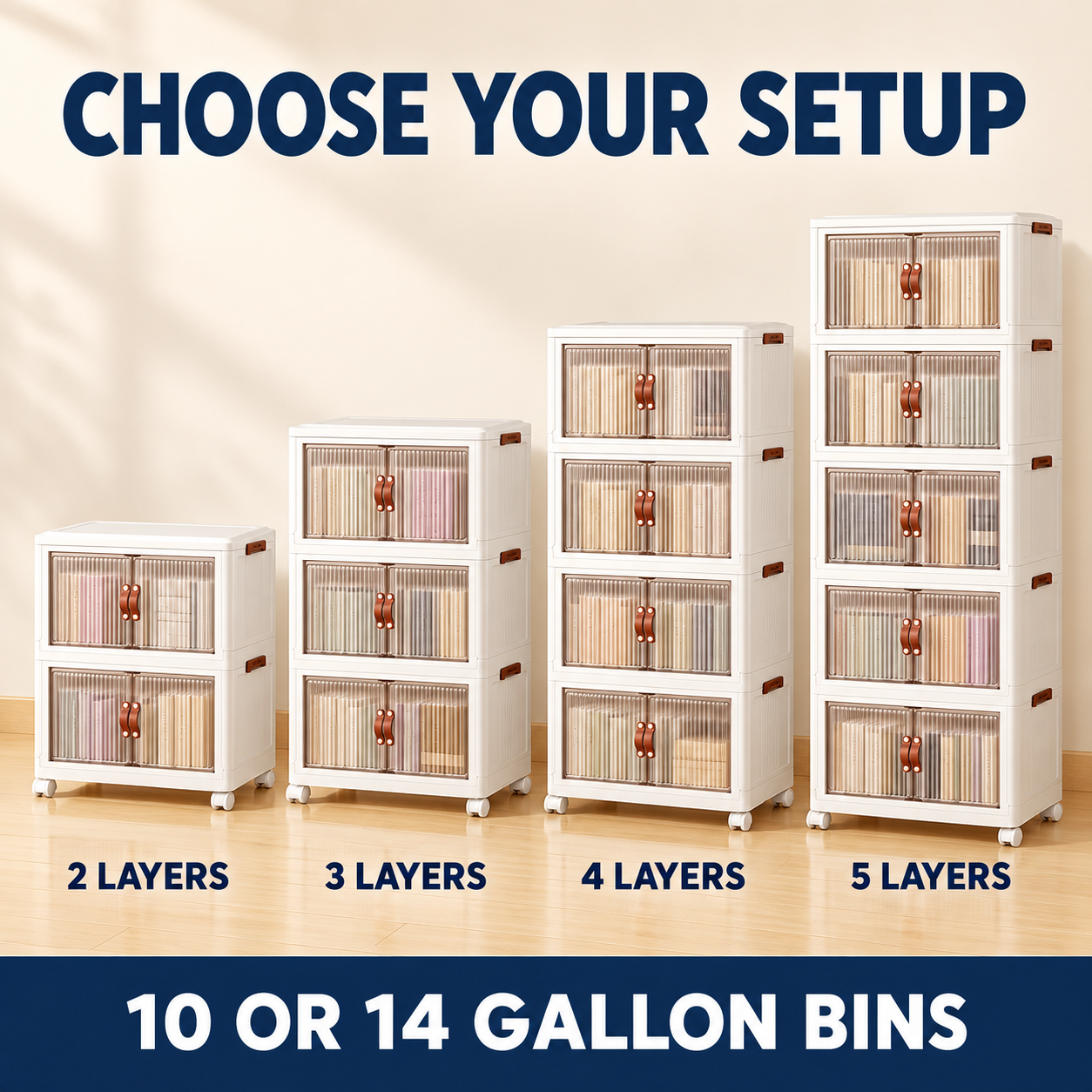 Stackable Storage Bins shown in 2, 3, 4, and 5-layer setups, with 10 or 14 gallon options