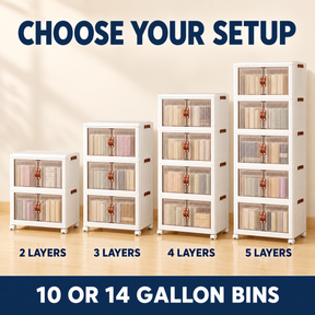 Stackable Storage Bins shown in 2, 3, 4, and 5-layer setups, with 10 or 14 gallon options