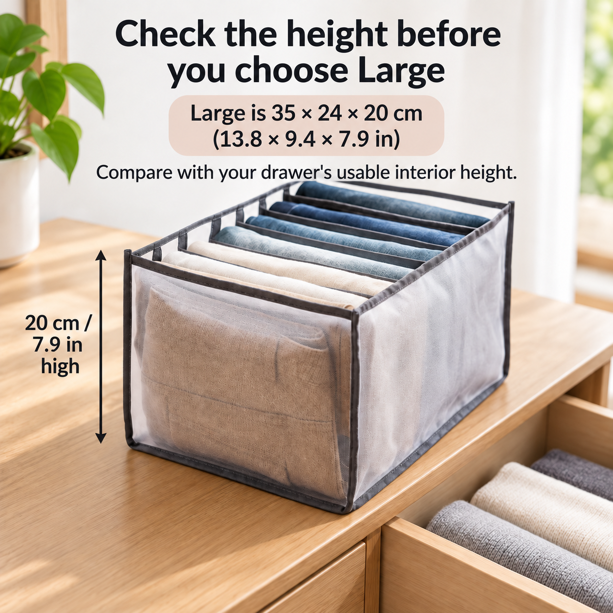 Drawer Clothes Organizers: Large organizer height and dimensions in centimeters and inches