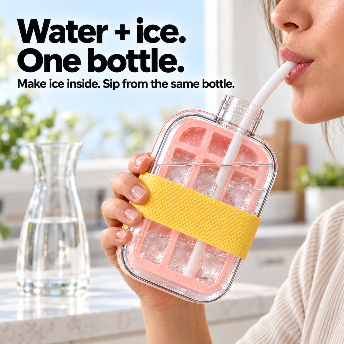 Ice water in the ChillSip pink bottle