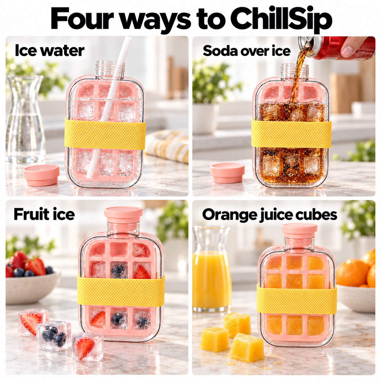 Four ways to use ChillSip: ice water, soda over ice, fruit ice, and orange juice cubes