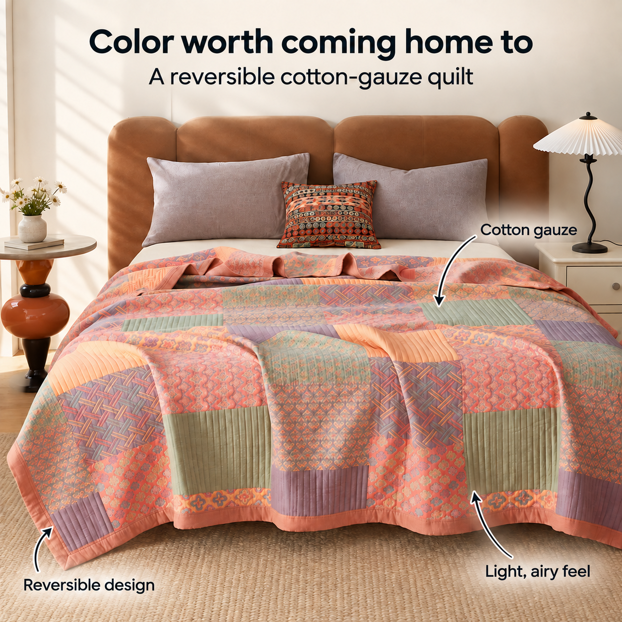 Reversible Colorful Cotton Square Quilt — reversible cotton gauze