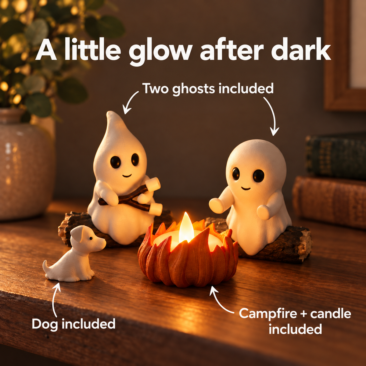 Two ghosts, a dog and a glowing campfire in an evening scene, with arrows identifying the included pieces